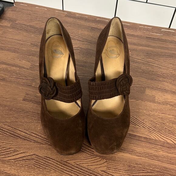 Nurture Madge Mary Jane Pumps 8.5 Brown Suede Leather Heeled Elastic Knot Strap - Picture 2 of 9
